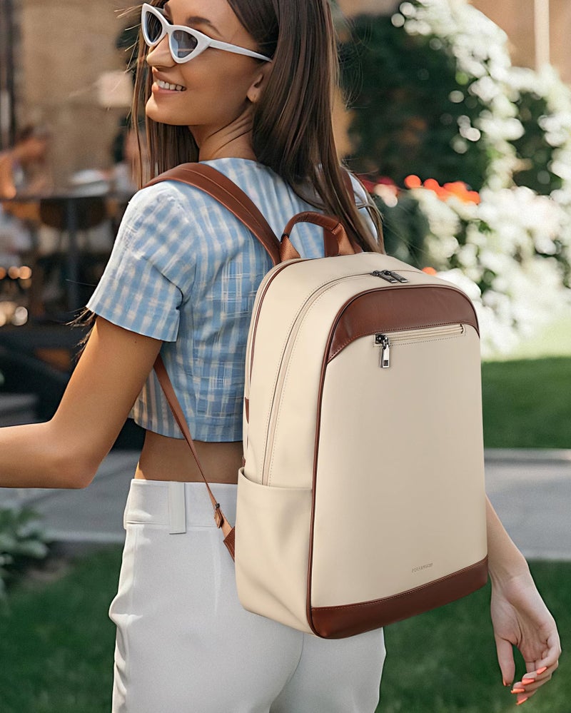 MASINTOR 15.6 inch Leather Laptop Backpack Purse for Women, Designer Travel and Work Bag with Laptop Compartment Beige Brown - Image 2