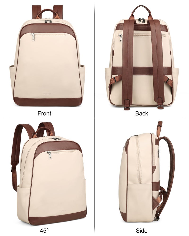 MASINTOR 15.6 inch Leather Laptop Backpack Purse for Women, Designer Travel and Work Bag with Laptop Compartment Beige Brown - Image 4
