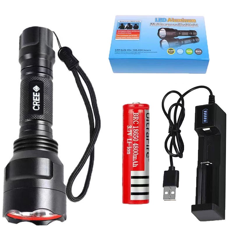 Factory wholesale C8 strong light Flashlight LED light fixed focus T6 super bright long shot aluminum alloy outdoor home lighting lamp(XPE lamp beads + Charger + battery + carton packaging) - Image 1