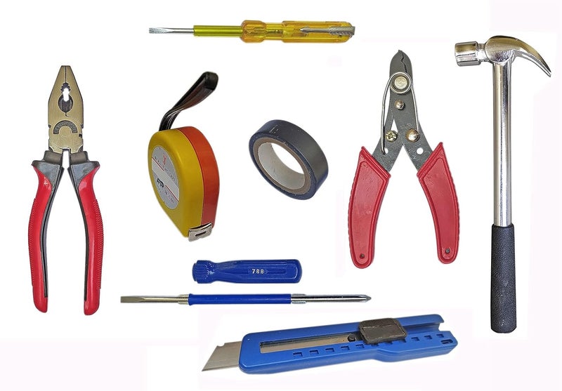Inditrust INDITRUST Heavy duty tool kit Plier Paper cutter 2in1 Screwdriver Measuring Tape Electric Tape Electric Tester Wire Cutter and Claw hammer Pack of 8 tools Hand Tool Kit  - Image 2