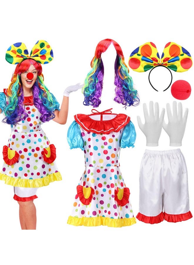 Handepo 6 Pcs Clown Costume Set Women Circus Dress Rainbow Clown Wig Headband Nose Shorts Gloves for Halloween cosplay(XX-Large) - Image 1