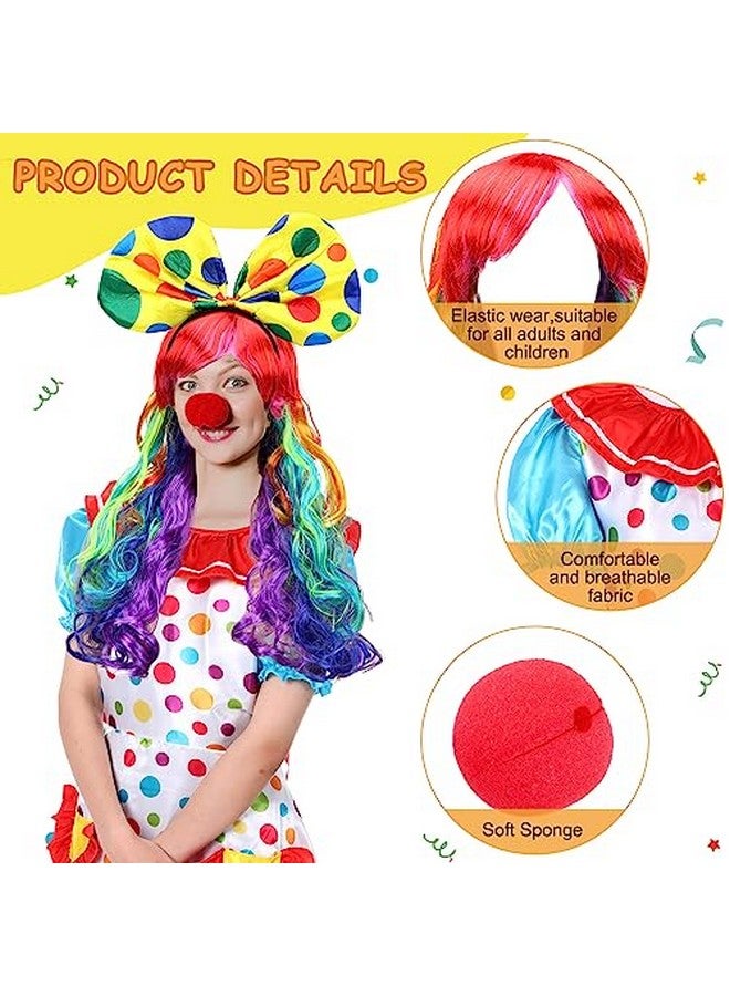 Handepo 6 Pcs Clown Costume Set Women Circus Dress Rainbow Clown Wig Headband Nose Shorts Gloves for Halloween cosplay(XX-Large) - Image 3