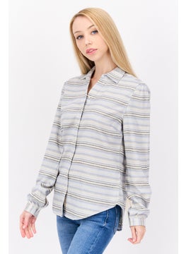 Weatherproof Women Split Neck Long Sleeve Striped Blouse, Blue Combo  - Image 4