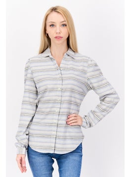 Weatherproof Women Split Neck Long Sleeve Striped Blouse, Blue Combo  - Image 1