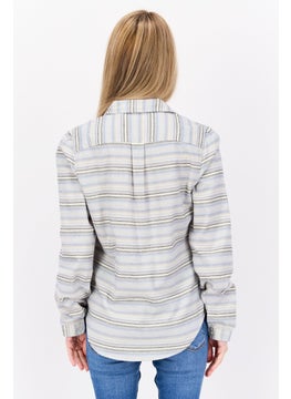 Weatherproof Women Split Neck Long Sleeve Striped Blouse, Blue Combo  - Image 3