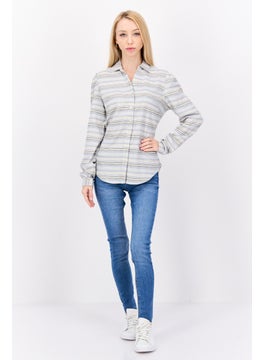Weatherproof Women Split Neck Long Sleeve Striped Blouse, Blue Combo  - Image 2