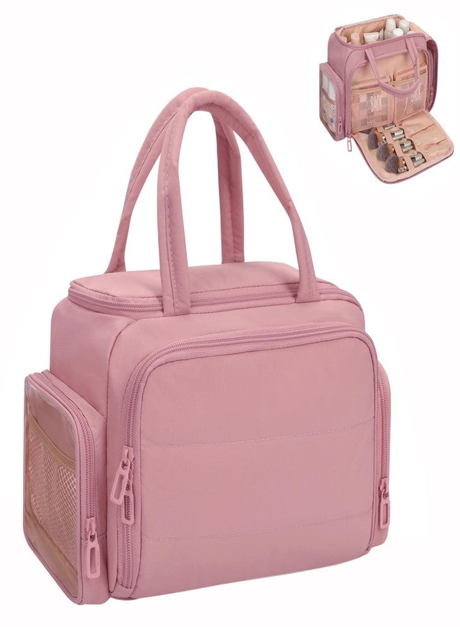 WGEAR Travel Toiletry Bag for Women, Lightweight Wide-open Cosmetic Travel Bags for Toiletries with 2 Removable Dividers, Large Makeup Organizer with Brushes Board, Multi Pockets for Gym, Daily, Pink - Image 1