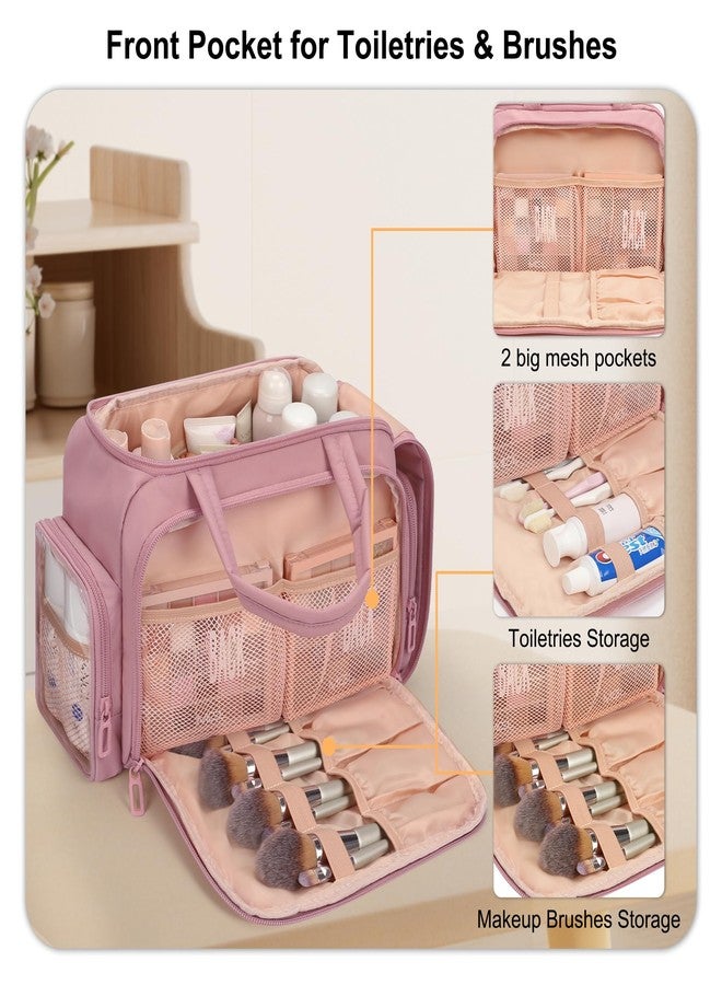 WGEAR Travel Toiletry Bag for Women, Lightweight Wide-open Cosmetic Travel Bags for Toiletries with 2 Removable Dividers, Large Makeup Organizer with Brushes Board, Multi Pockets for Gym, Daily, Pink - Image 2