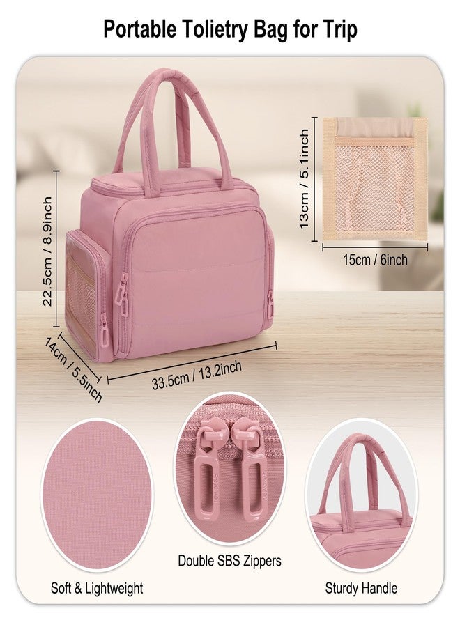 WGEAR Travel Toiletry Bag for Women, Lightweight Wide-open Cosmetic Travel Bags for Toiletries with 2 Removable Dividers, Large Makeup Organizer with Brushes Board, Multi Pockets for Gym, Daily, Pink - Image 3