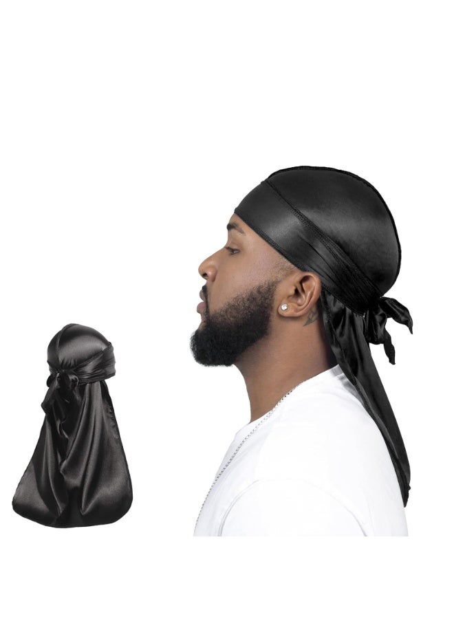 2 Pack Silky Satin Durag for Men Women, Black, 43 Inches Long Tail Wave Cap - Image 1