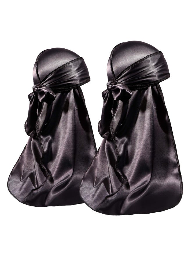 2 Pack Silky Satin Durag for Men Women, Black, 43 Inches Long Tail Wave Cap - Image 3
