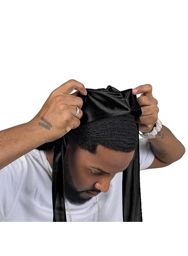 2 Pack Silky Satin Durag for Men Women, Black, 43 Inches Long Tail Wave Cap - Image 2