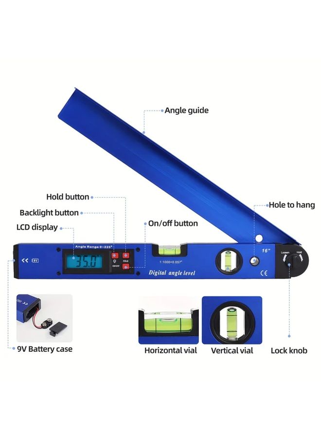 Blue Aluminum Digital Angle Finder Protractor 225 Degree Backlight LCD - Image 3