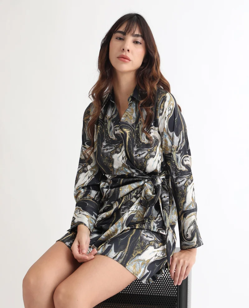 Rareism Women's Abstract Print Wrap Dress With Front Tie-Up Detail