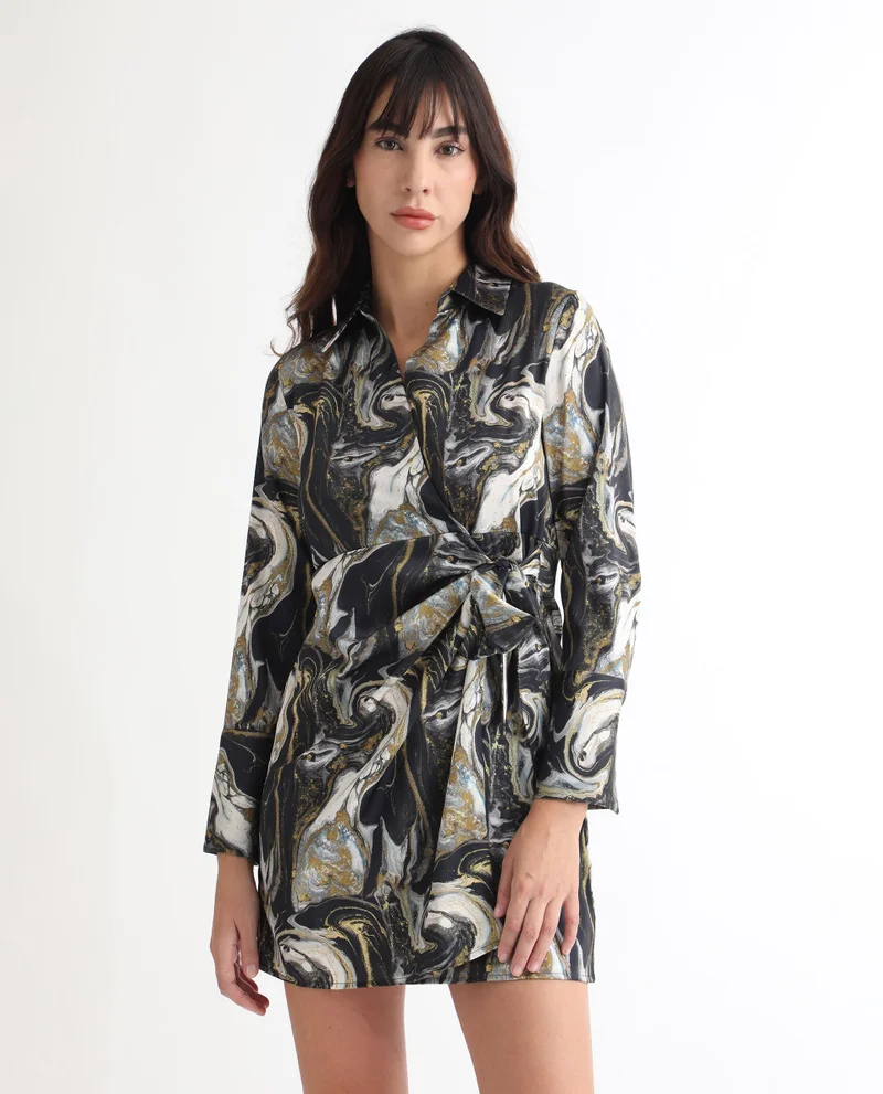 Rareism Women's Abstract Print Wrap Dress With Front Tie-Up Detail