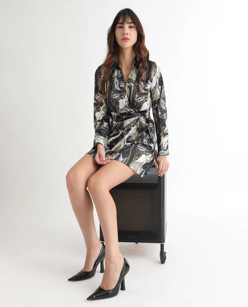 Rareism Women's Abstract Print Wrap Dress With Front Tie-Up Detail
