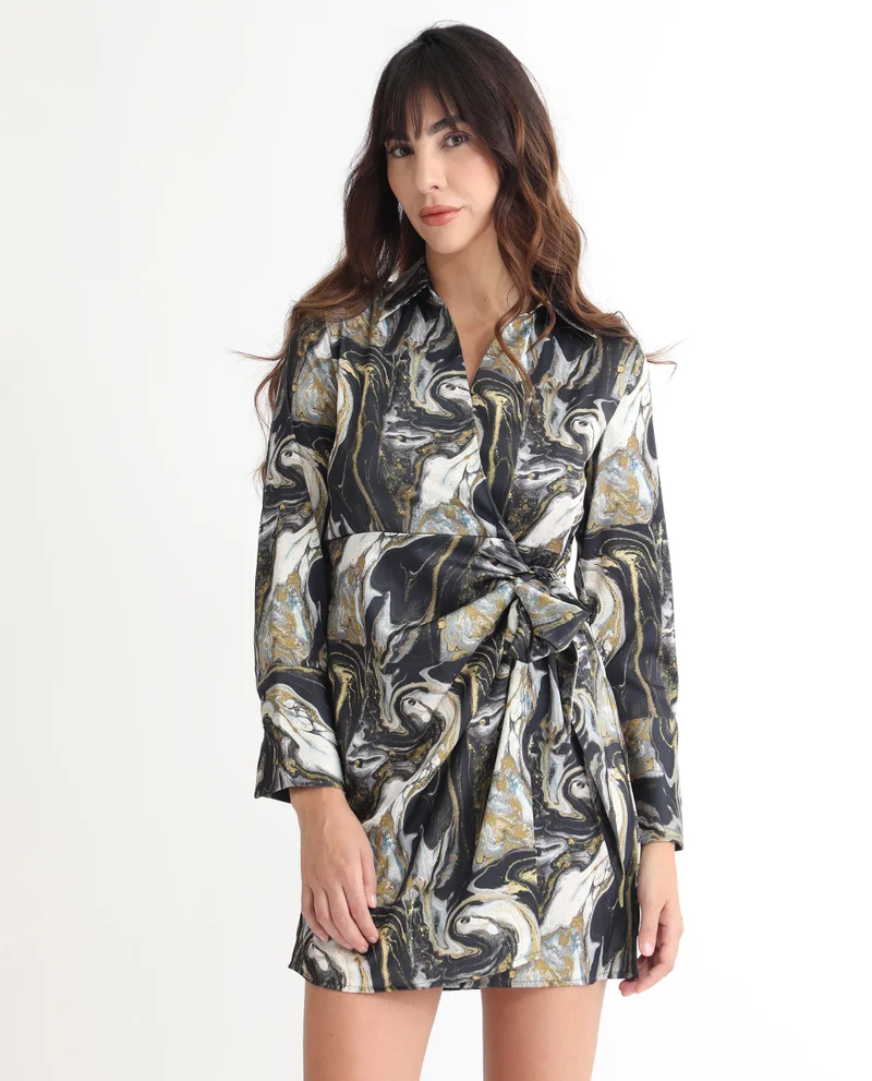 Rareism Women's Abstract Print Wrap Dress With Front Tie-Up Detail