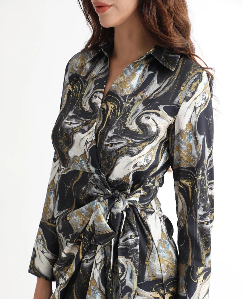 Rareism Women's Abstract Print Wrap Dress With Front Tie-Up Detail