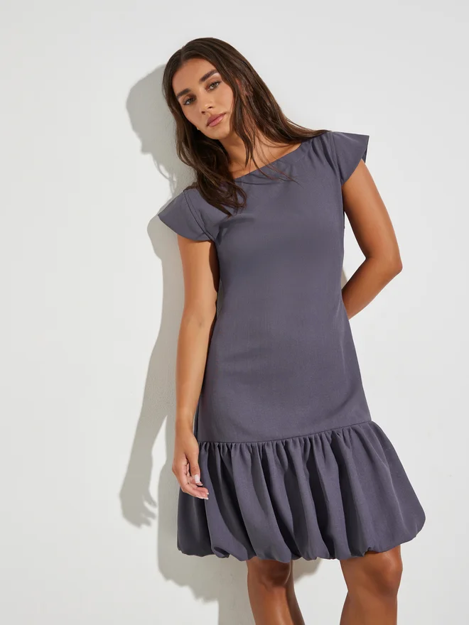 Styli Styli Purple Short Sleeve Balloon Hem Knee Length Dress