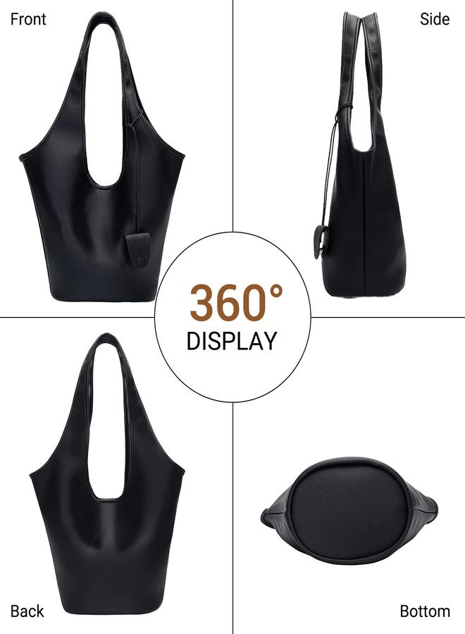 Herald Slouchy Hobo Bags for Women 2PCS Vegan Leather Large Capacity Shoulder Purses Tote Handbags (Black) - Image 4