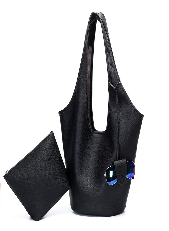 Herald Slouchy Hobo Bags for Women 2PCS Vegan Leather Large Capacity Shoulder Purses Tote Handbags (Black) - Image 1