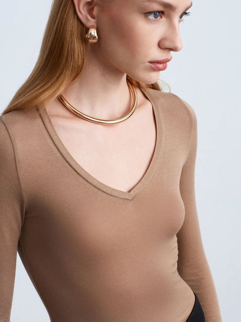 Dilvin DILVIN Slim Fit V-Neck Long Sleeve Top