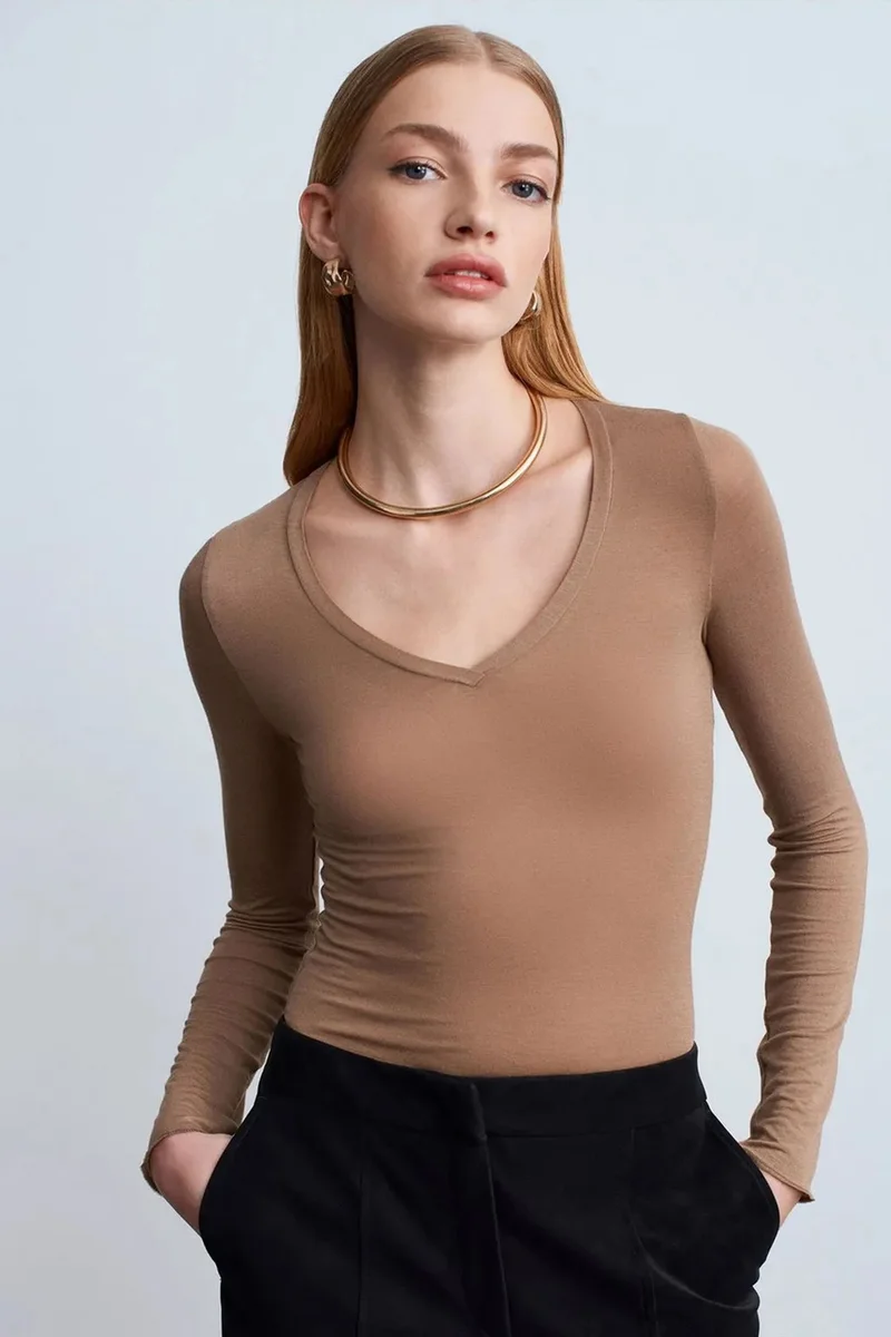 Dilvin Camel Brown DILVIN Slim Fit V-Neck Long Sleeve Top for Women | Best Price UAE