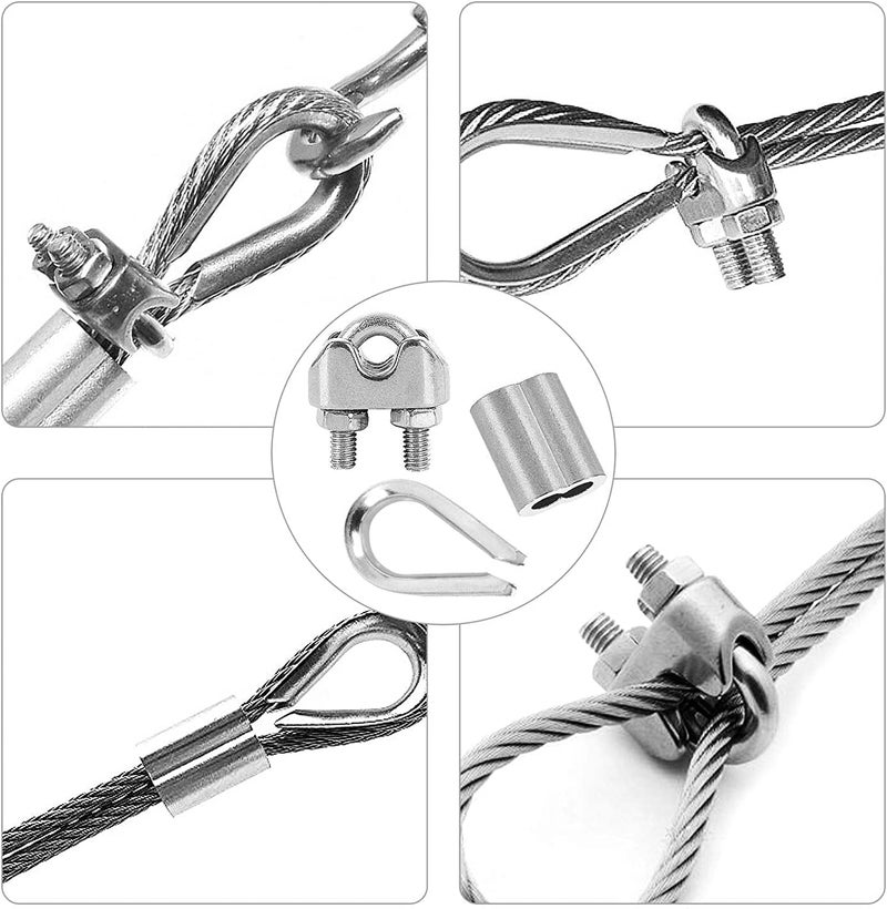 KASTWAVE Wire Rope Accessory Set, 24pcs 304 Stainless Steel Cable Clamp Silver M2 Wire Rope Cable Clip Clamp, M2 Steel Thimble, 2mm Aluminum Crimping Loop, for 1/8 inch Wire Rope Cable - Image 3