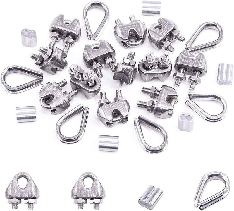 KASTWAVE Wire Rope Accessory Set, 24pcs 304 Stainless Steel Cable Clamp Silver M2 Wire Rope Cable Clip Clamp, M2 Steel Thimble, 2mm Aluminum Crimping Loop, for 1/8 inch Wire Rope Cable - Image 1