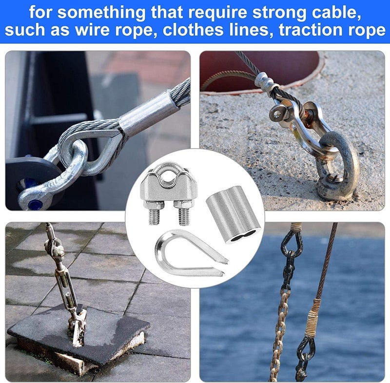 KASTWAVE Wire Rope Accessory Set, 24pcs 304 Stainless Steel Cable Clamp Silver M2 Wire Rope Cable Clip Clamp, M2 Steel Thimble, 2mm Aluminum Crimping Loop, for 1/8 inch Wire Rope Cable - Image 5