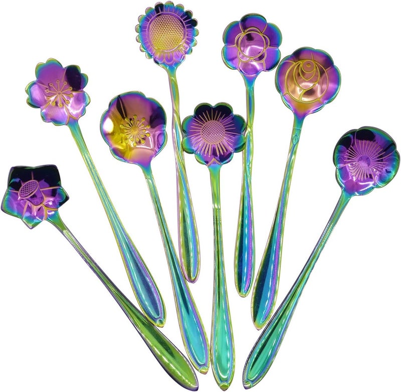 DGQ Flower Spoon Set - 8pcs Teaspoon Coffee Spoon Rainbow Color for Coffee Tea Mixing Ice Cream Dessert - 8 Diffient Pattern Colorful Mini Cutlery Set - Image 1