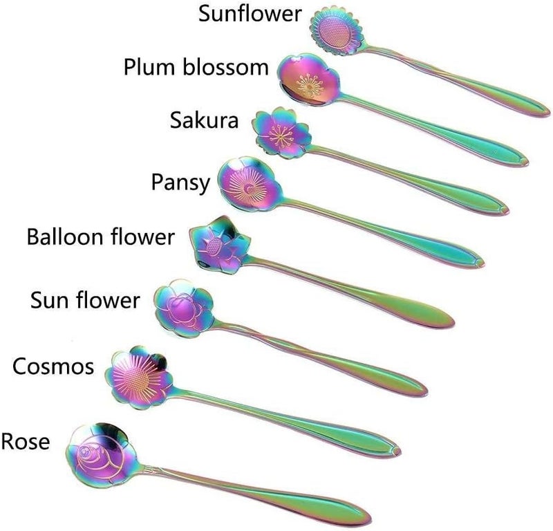 DGQ Flower Spoon Set - 8pcs Teaspoon Coffee Spoon Rainbow Color for Coffee Tea Mixing Ice Cream Dessert - 8 Diffient Pattern Colorful Mini Cutlery Set - Image 2