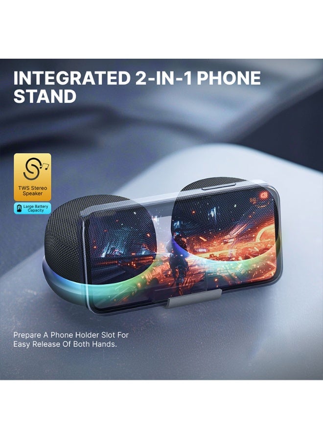 مجموعة مكبر صوت بلوتوث مزدوج مع قاعدة مغناطيسية وحامل هاتف - صوت ستيريو TWS، وقت تشغيل 10 ساعات، أضواء مزامنة موسيقى RGB - مكبر صوت لاسلكي بلوتوث 5.4 للسينما المنزلية، في الهواء الطلق، مشاهدة التلفزيون، غرف متعددة - Image 2