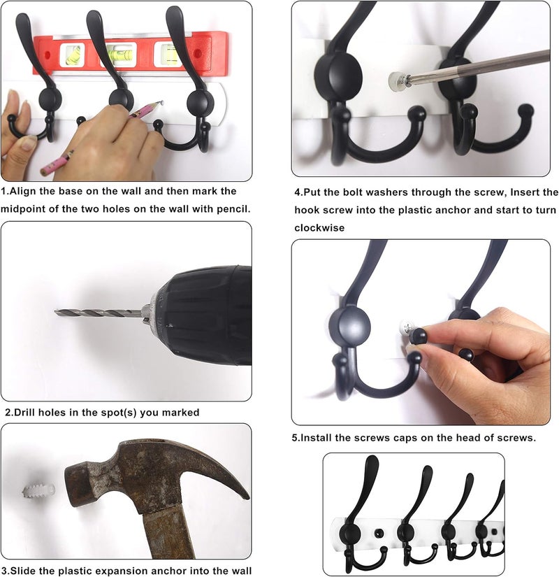 WEBI Coat Rack Wall Mounted,5 Coat Hooks for Hanging Coats,Heavy Duty Metal Double Hook Rack Hook Rail Wall Coat Rack with Hooks Coat Hanger Wall Mount for Clothes Entryway Jacket,Black - Image 5