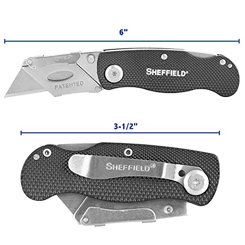 Sheffield 12613 Black Folding Utility Knife, Quick Change Utility Knife Blades, Compact Aluminum Handle, Box Cutter, Razor Blades Included - Image 2