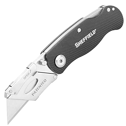 Sheffield 12613 Black Folding Utility Knife, Quick Change Utility Knife Blades, Compact Aluminum Handle, Box Cutter, Razor Blades Included - Image 1
