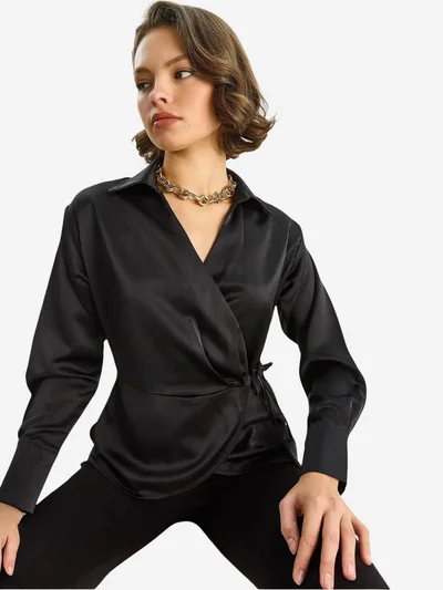 Bianco Lucci LUCCI Satin V-Neck Shirt with Tie Closure