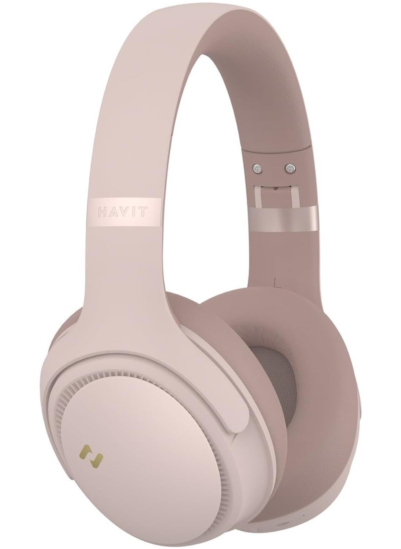havit - Bluetooth Headphones Over Ear, Active Noise Cancelling Wireless 5.3V Headphones, 50H Playtime, HiFi Stereo Headphones Wireless, Soft Ear Pad, Built-In Mic, Foldable Headphones for Phone/PC- Pink - Image 1