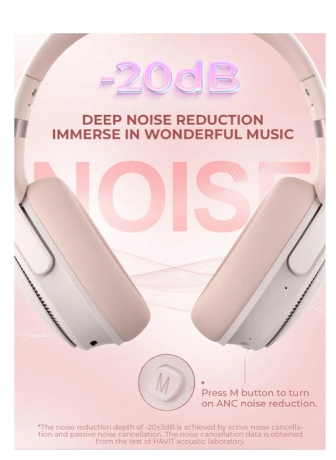 havit - Bluetooth Headphones Over Ear, Active Noise Cancelling Wireless 5.3V Headphones, 50H Playtime, HiFi Stereo Headphones Wireless, Soft Ear Pad, Built-In Mic, Foldable Headphones for Phone/PC- Pink - Image 1