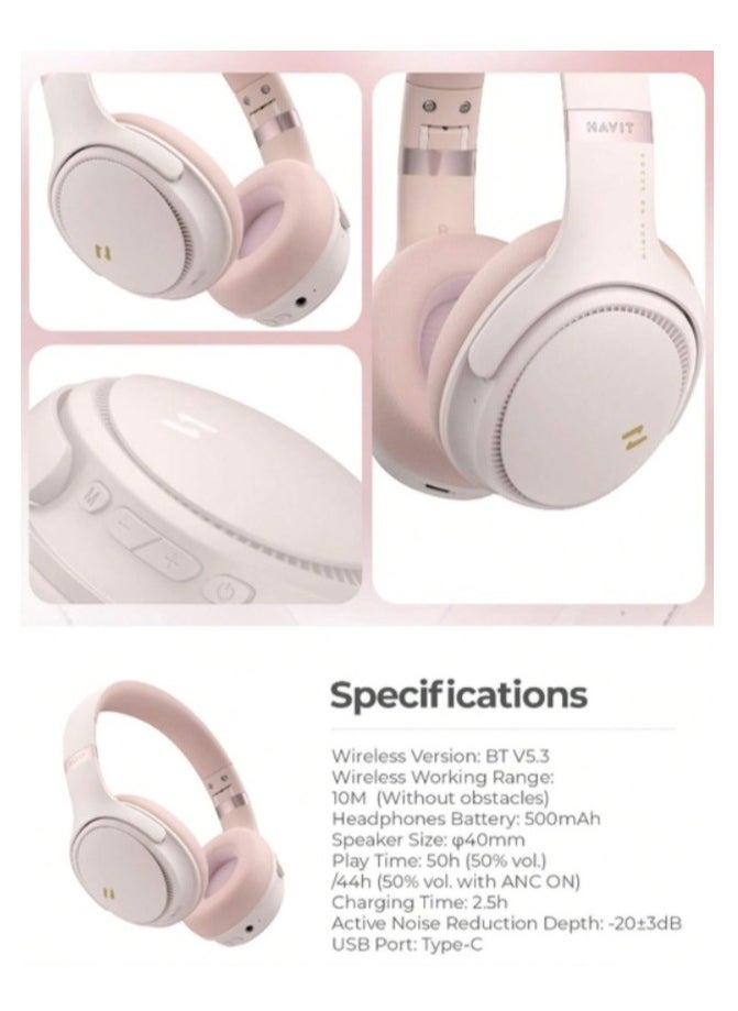 havit - Bluetooth Headphones Over Ear, Active Noise Cancelling Wireless 5.3V Headphones, 50H Playtime, HiFi Stereo Headphones Wireless, Soft Ear Pad, Built-In Mic, Foldable Headphones for Phone/PC- Pink - Image 1