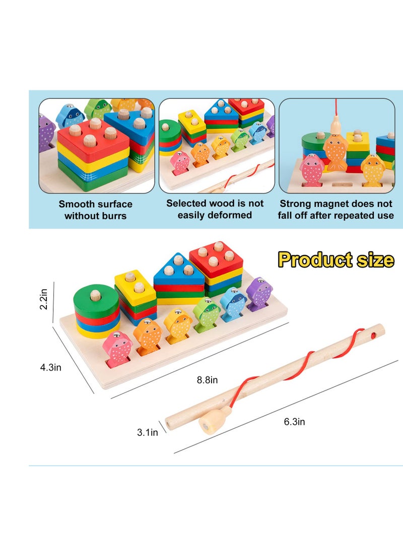 Excefore - Wooden Sorting and Stacking Toy Puzzle, Montessori Toys for 1 2 3 Years Old Boys Girls, Baby Shape Sorter and Color Stacker, Magnetic Fishing Toy, Learning Educational Toys - Image 1