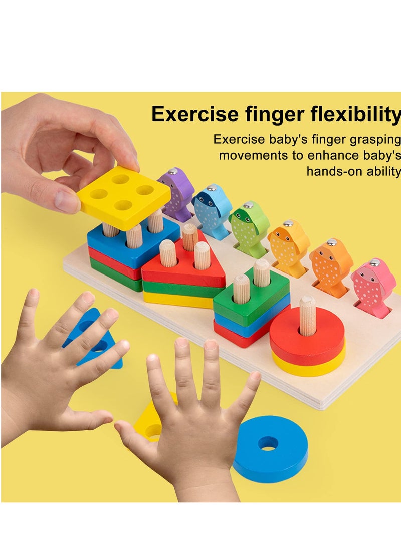 Excefore - Wooden Sorting and Stacking Toy Puzzle, Montessori Toys for 1 2 3 Years Old Boys Girls, Baby Shape Sorter and Color Stacker, Magnetic Fishing Toy, Learning Educational Toys - Image 1