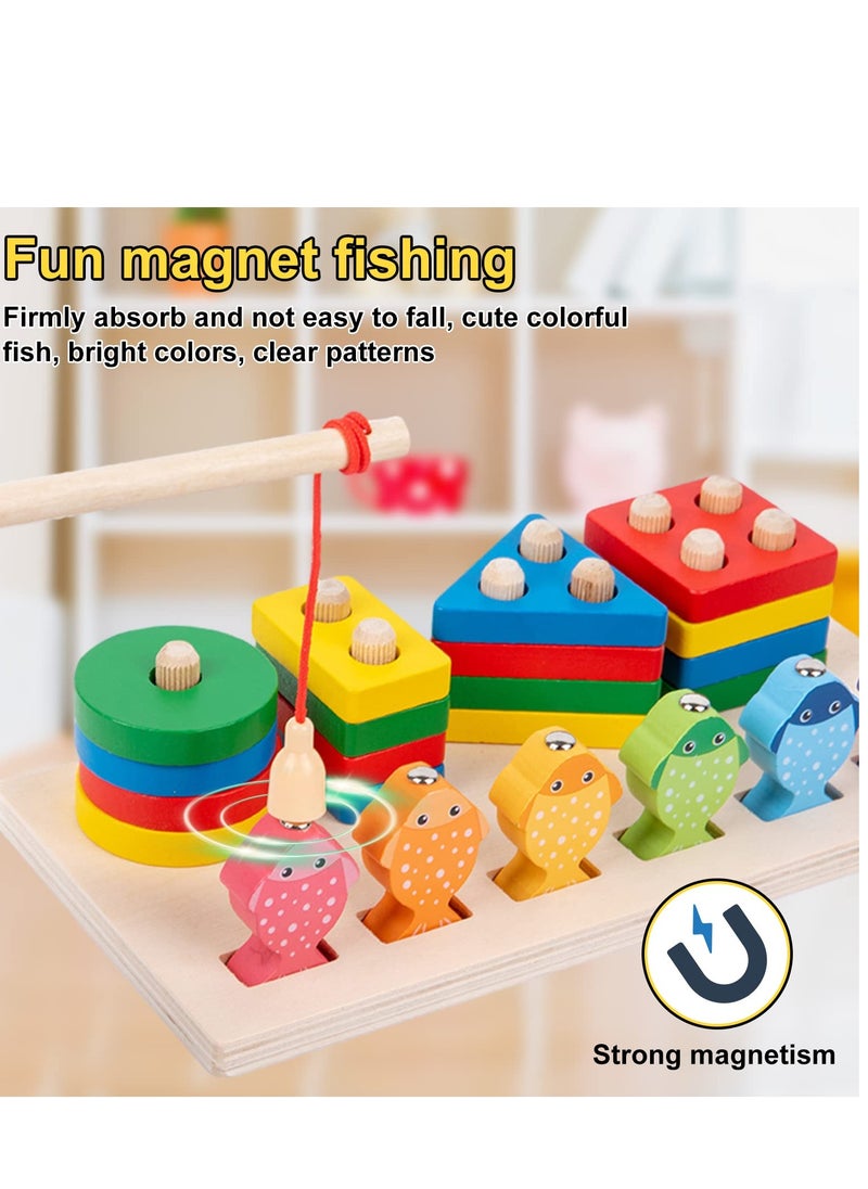 Excefore - Wooden Sorting and Stacking Toy Puzzle, Montessori Toys for 1 2 3 Years Old Boys Girls, Baby Shape Sorter and Color Stacker, Magnetic Fishing Toy, Learning Educational Toys - Image 1