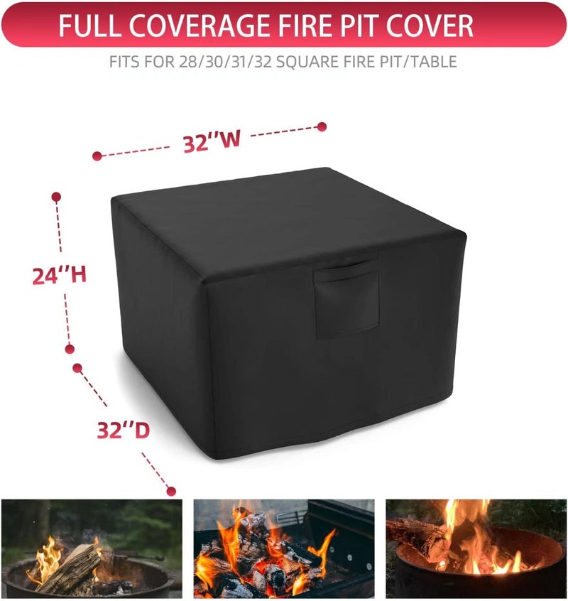 WLEAFJ Fire Pit Cover Square, Fits for 28-32 Inch Gas Fire Table, Heavy Duty Oxford Fabric Outdoor Fireplace Cover, Waterproof Rectangle Firepit Cover, 32 x 32 x 24 Inch, Black - Image 2