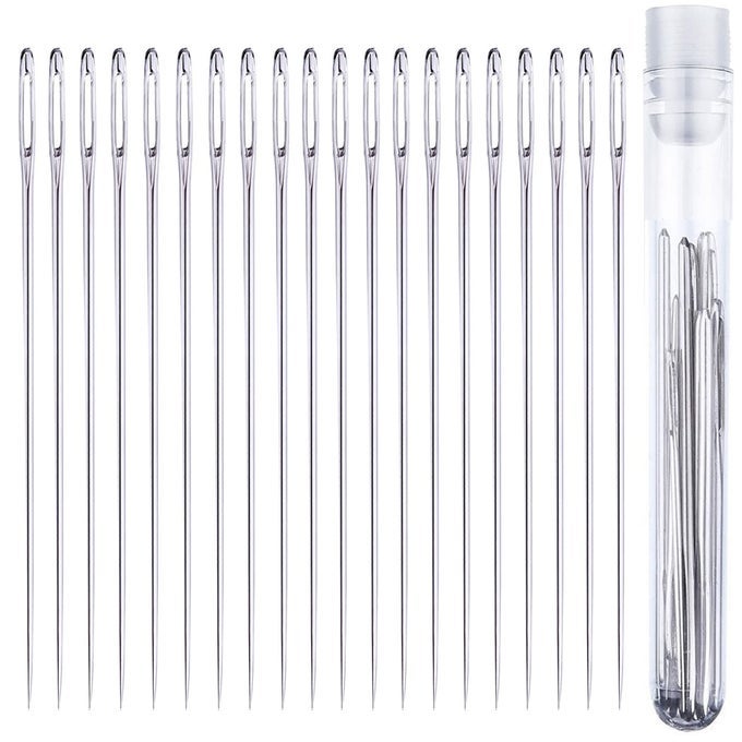 20 PCS LARGE EYE HAND SEWING NEEDLES 15 INCH LONG IN NEEDLE STORAGE TUBE WITH NEEDLE THREADER