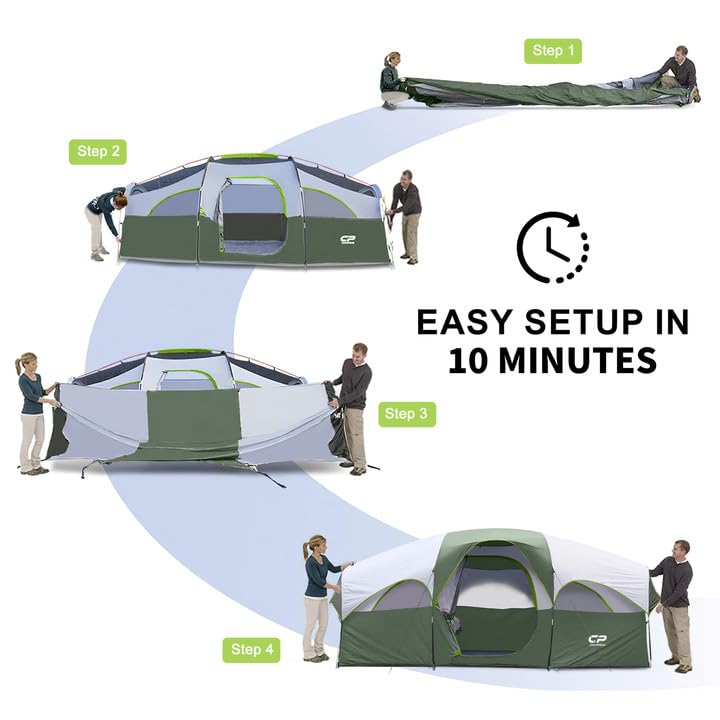 CAMPROS CP Tent 8 Person Camping Tents, Weather Resistant Family Tent, 5 Large Mesh Windows, Double Layer, Divided Curtain for Separated Room, Portable with Carry Bag - Light Green - Image 5