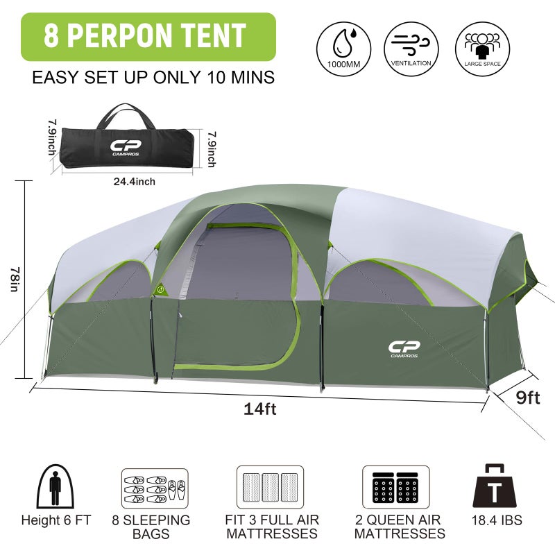 CAMPROS CP Tent 8 Person Camping Tents, Weather Resistant Family Tent, 5 Large Mesh Windows, Double Layer, Divided Curtain for Separated Room, Portable with Carry Bag - Light Green - Image 1