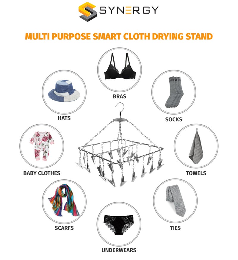 Synergy 25 Clips Stainless Steel Square Cloth Dryer | Cloth Hanger with Clips | Baby & Infant Clothes Drying Hanger | Undergarments & Socks Drying Rack (SY-CS15) - Image 4