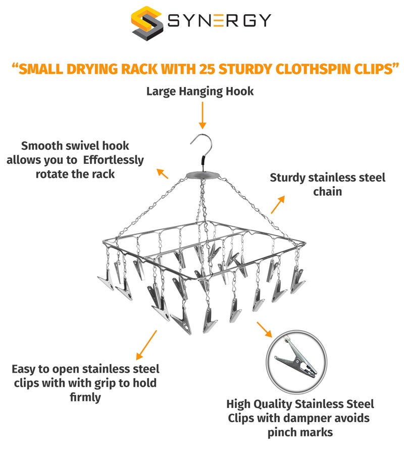 Synergy 25 Clips Stainless Steel Square Cloth Dryer | Cloth Hanger with Clips | Baby & Infant Clothes Drying Hanger | Undergarments & Socks Drying Rack (SY-CS15) - Image 3