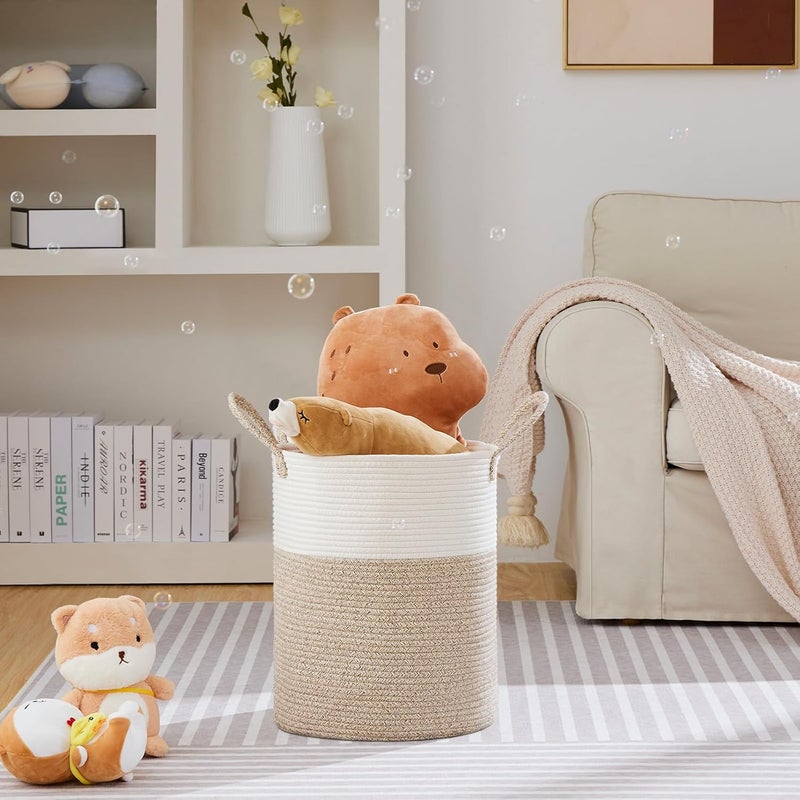 VIPOSCO Large Laundry Hamper, Tall Woven Rope Storage Basket for Blanket, Toys, Dirty Clothes in Living Room, Bathroom, Bedroom - 53L White & Brown - Image 2
